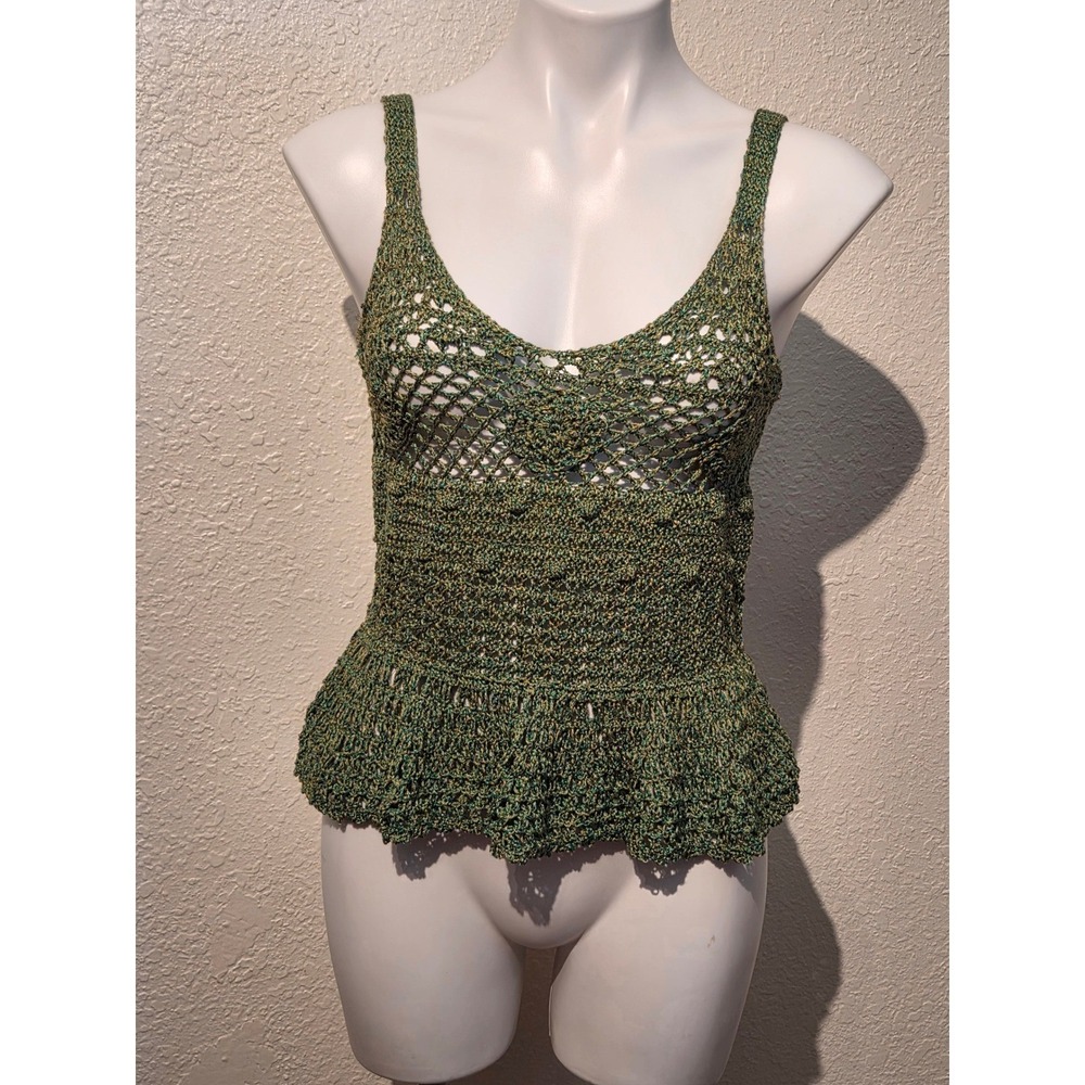 Zara Women Green Gold Metallic Crochet Knit Peplum Tank Top Sleeveless Small